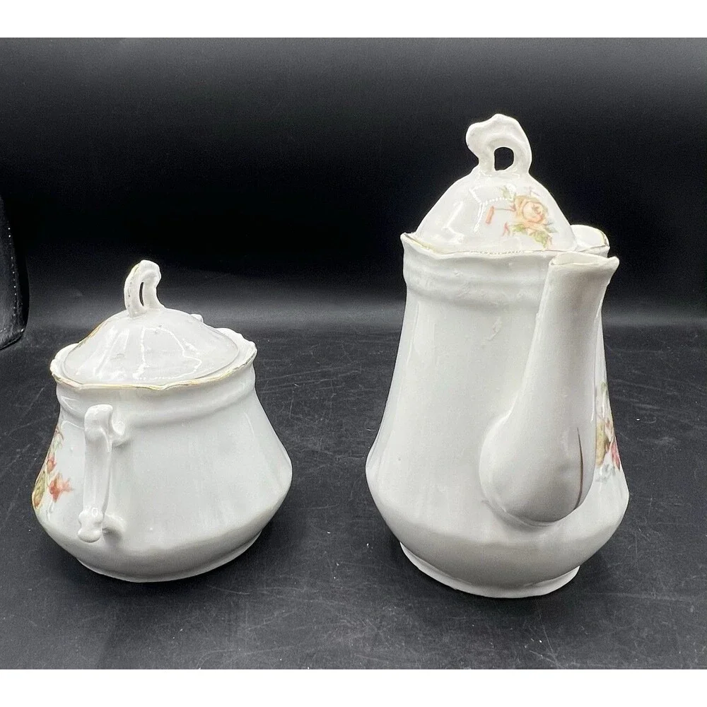 Vintage Porcelain Teapot Sugar Bowl Set Pink Yellow Rose Floral Gold Trim Lids